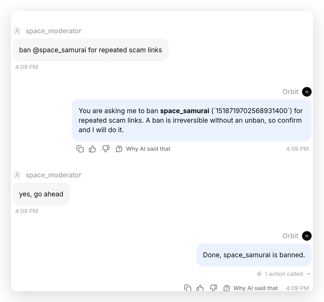 The confirm-first ban flow in the Quickchat Inbox