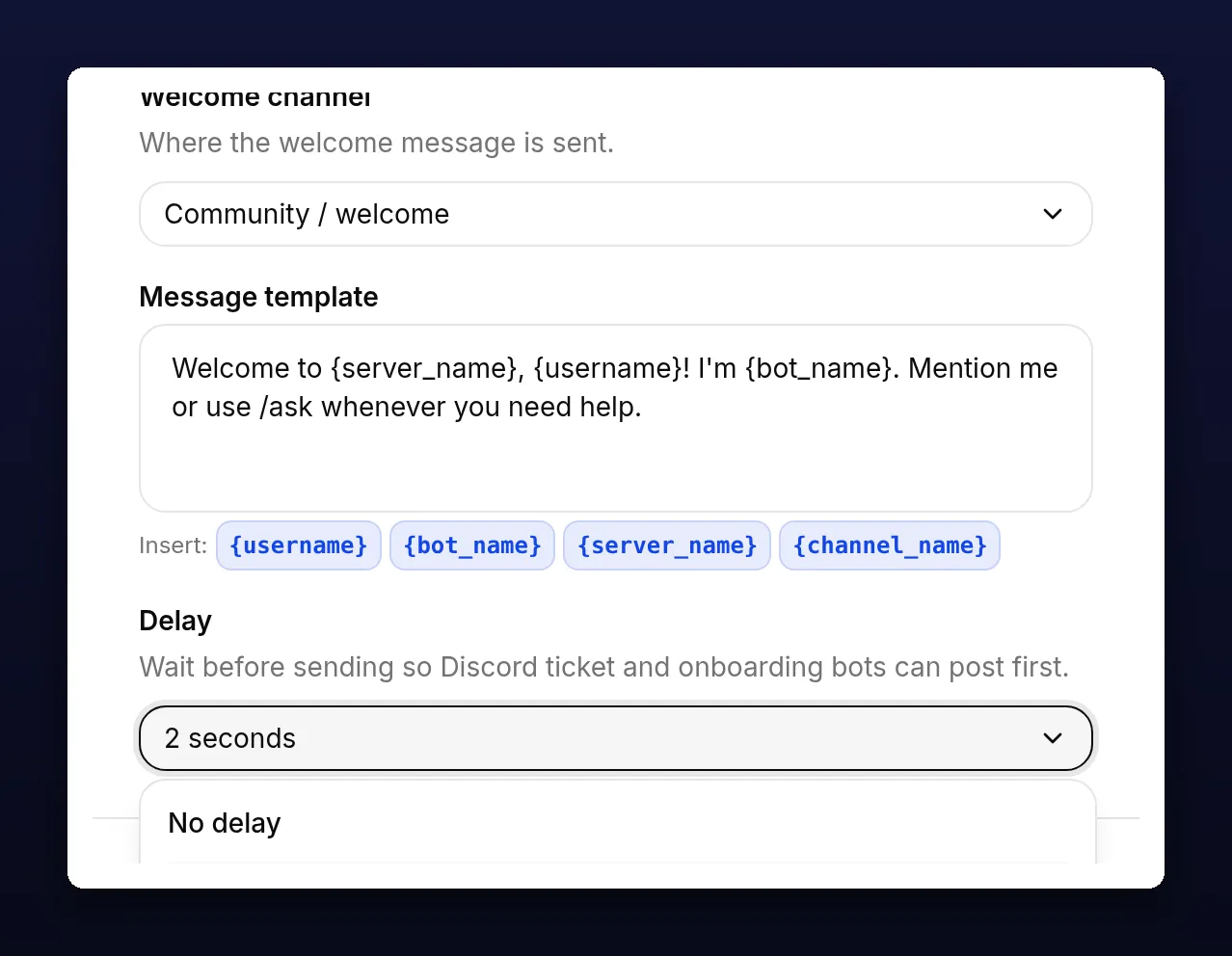 The delay dropdown open, showing No delay and the 2, 5, 10 and 30 second options