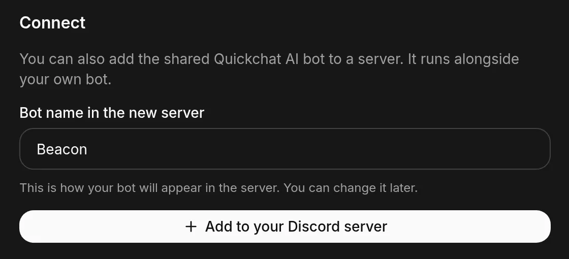 The one-click Discord panel in Quickchat AI, with the Bot name in the new server field above the add-to-server button