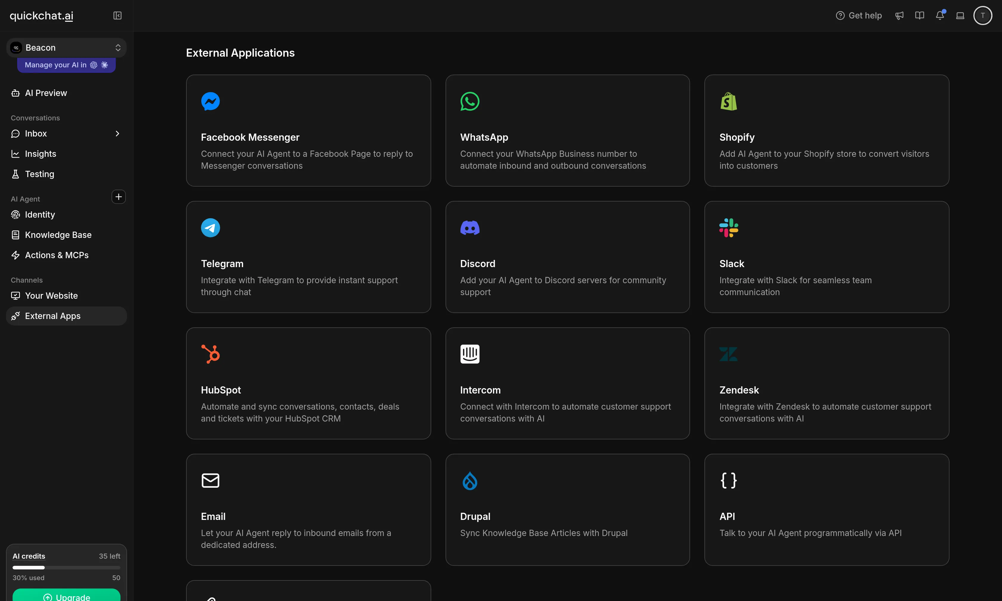 The External Apps page in Quickchat AI with the Discord integration tile
