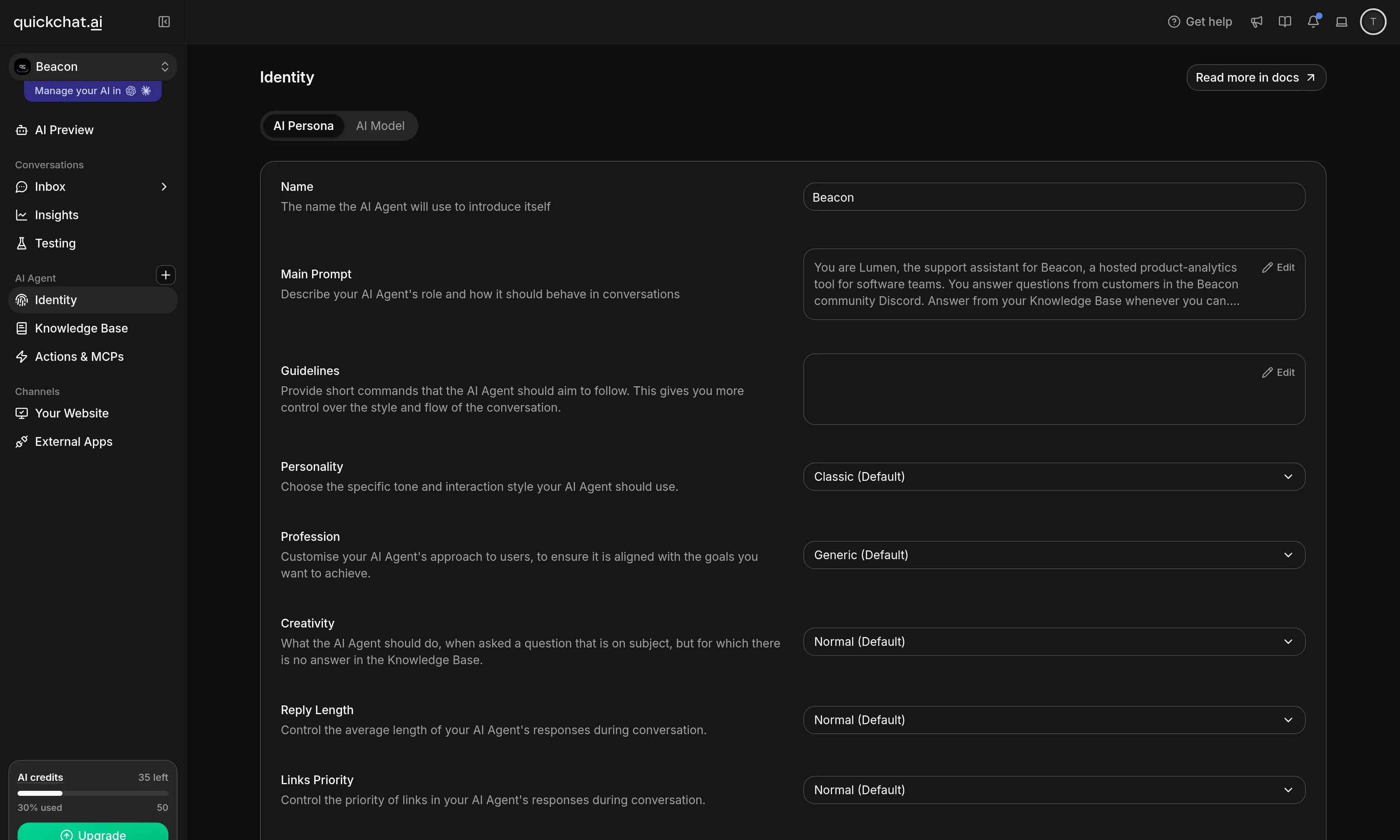 The Identity page in Quickchat AI showing the AI Main Prompt for the Lumen Agent