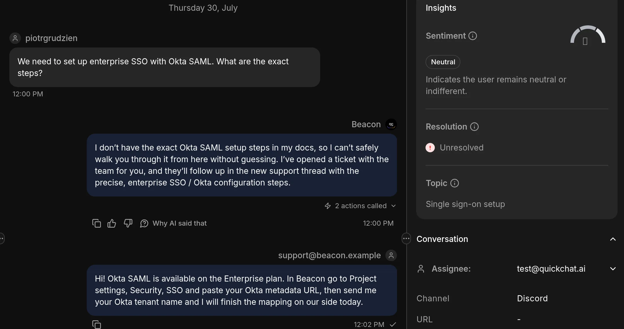 The escalated Discord conversation in the Quickchat AI Inbox: the member's question, the Agent declining and calling two actions, the operator's reply, and a details pane showing the channel as Discord