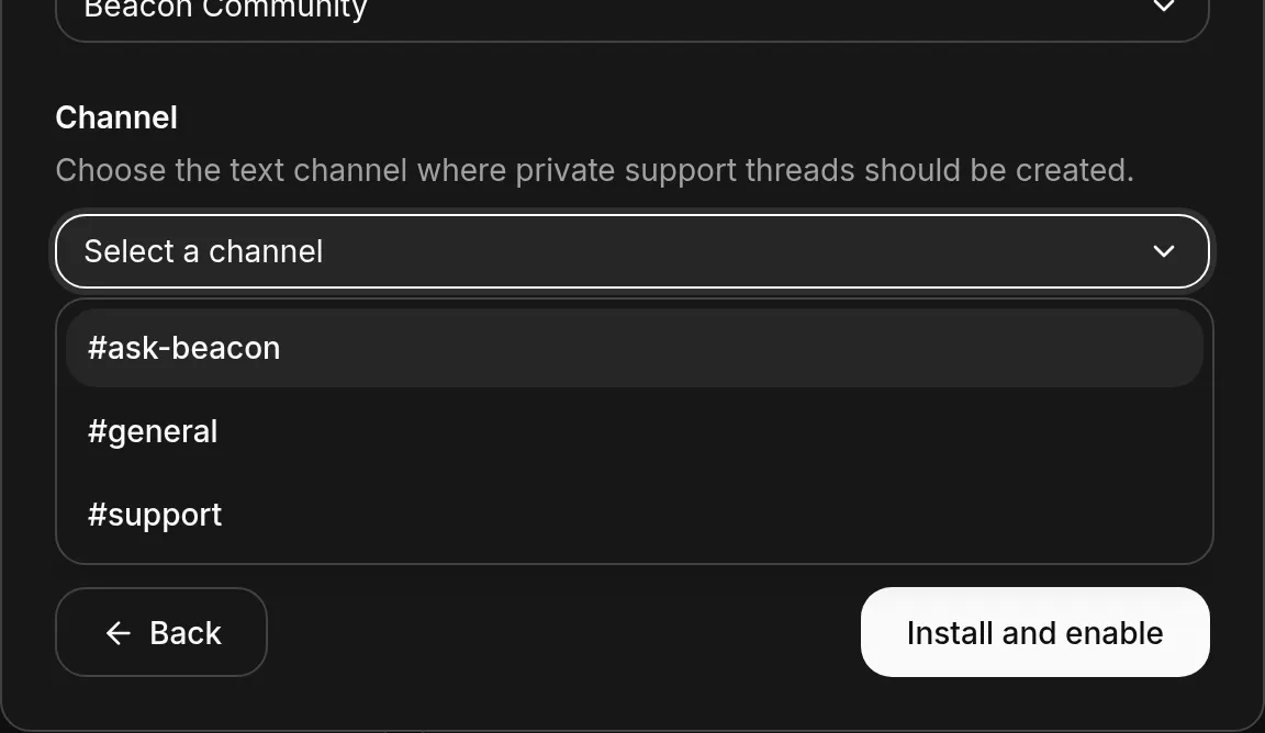 The channel dropdown open, listing the text channels in the Beacon Community server