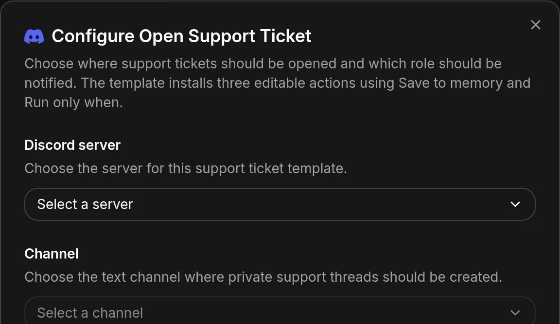 The configure dialog for Open Support Ticket, with dropdowns for Discord server, channel and role