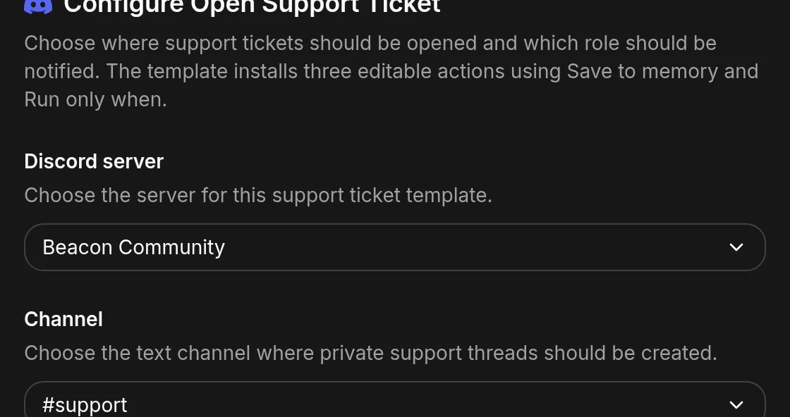 The configure dialog with the server, channel and role all chosen, and the Install and enable button ready