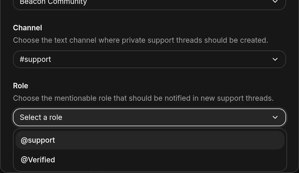 The role dropdown open, listing only the mentionable roles in the server