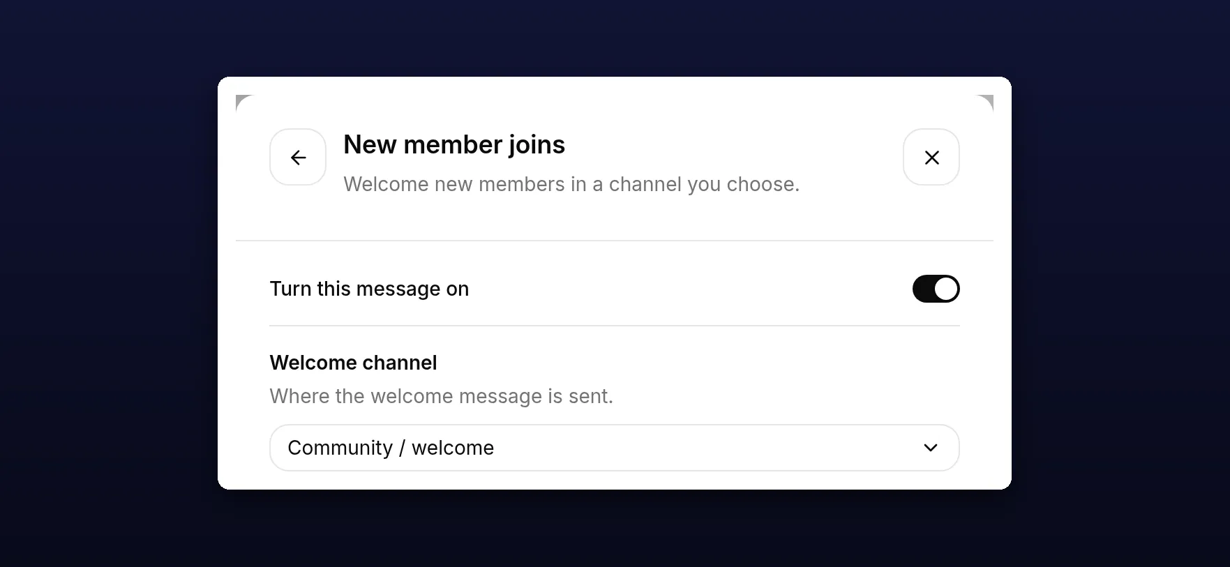 The New member joins rule with its enable switch, welcome channel, message template with placeholder chips, and delay