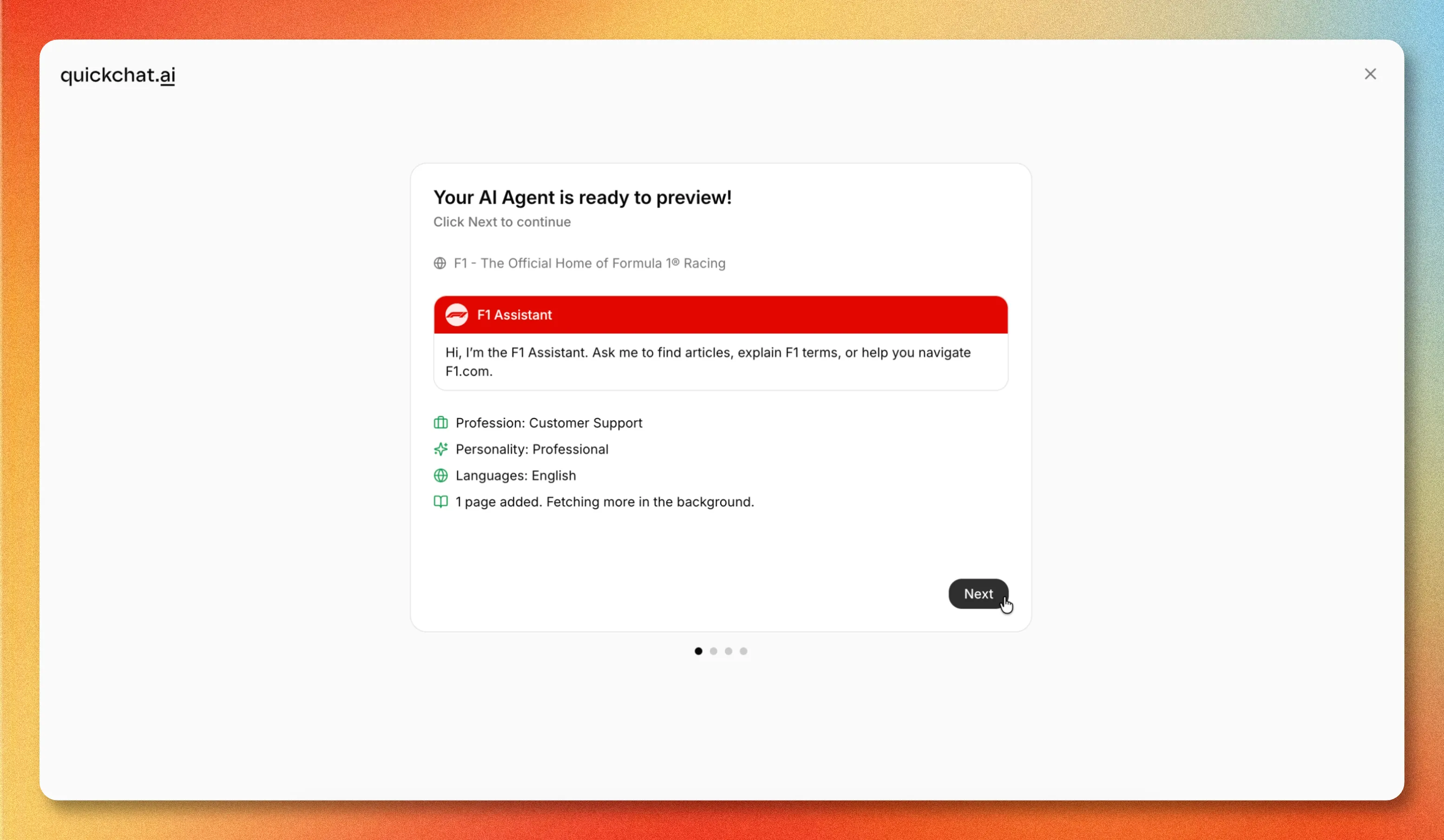 Quickchat AI preview of a finished F1 Assistant agent with greeting, profession, personality, and language settings