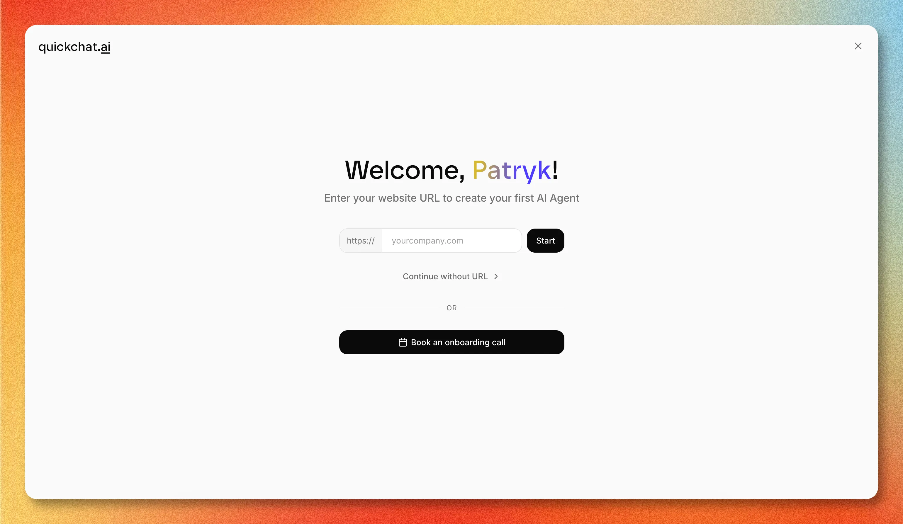 Quickchat AI onboarding screen asking for a website URL to create the first AI Agent