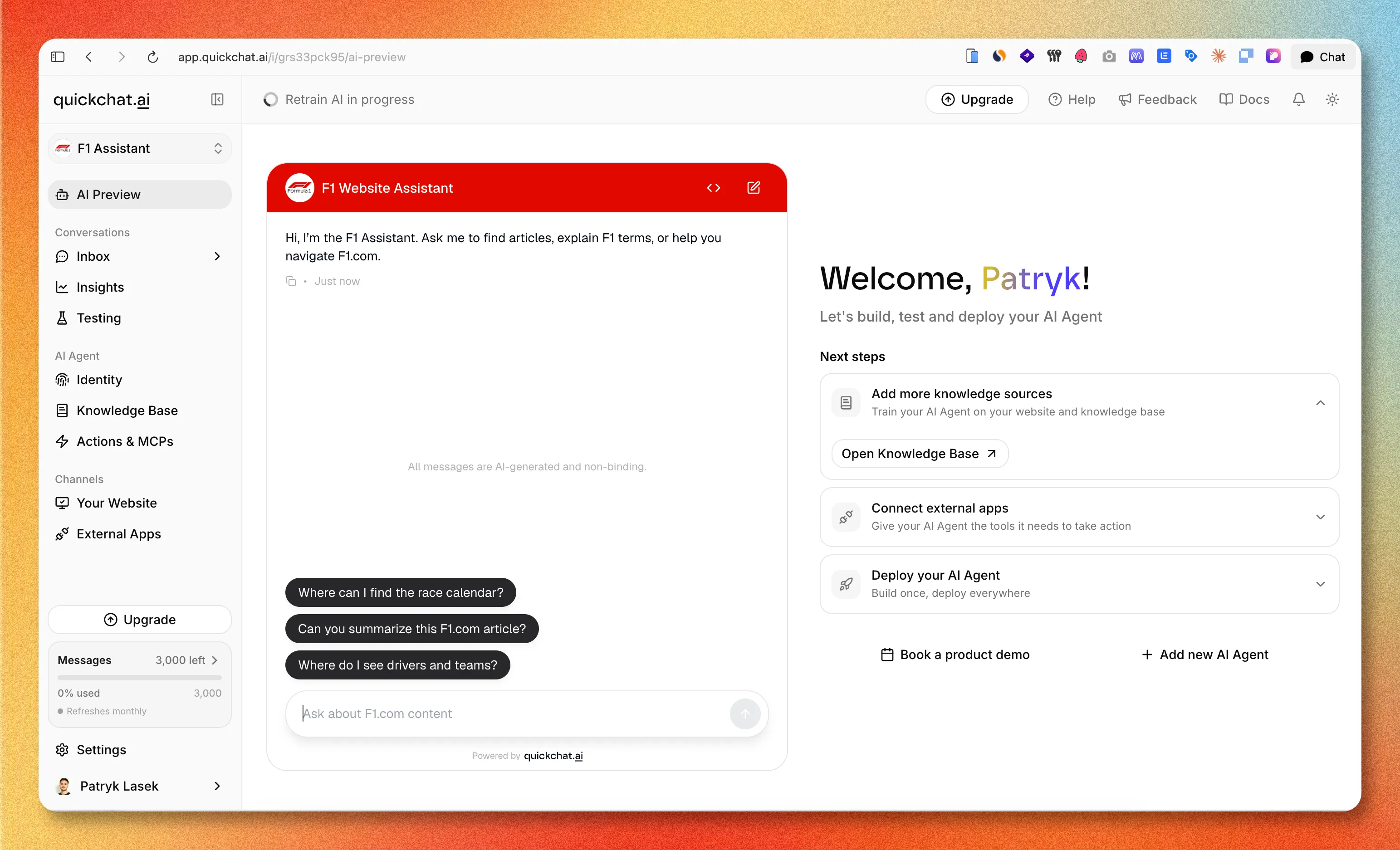 Quickchat AI dashboard showing the AI Preview, message usage, and next steps for deploying the agent