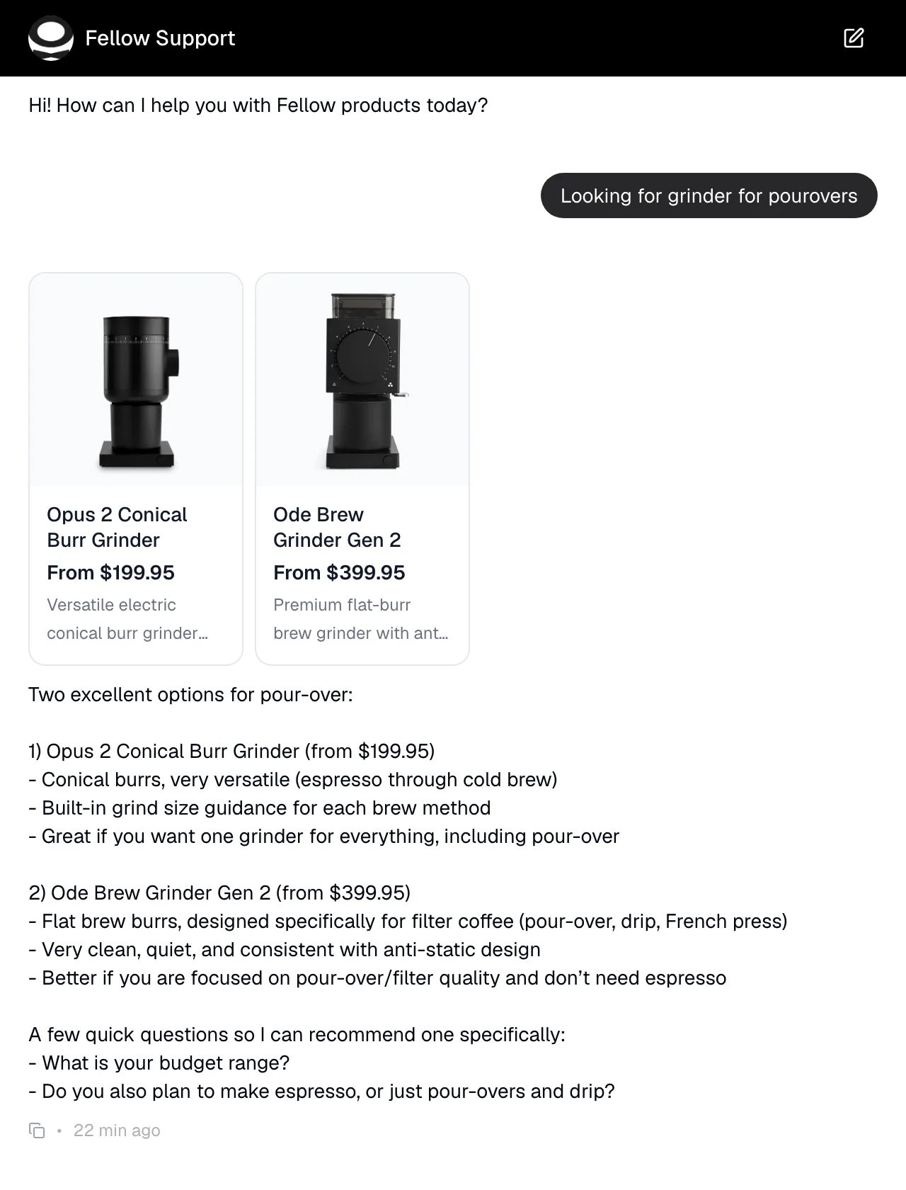 Quickchat AI recommending Fellow grinders for pour-over coffee