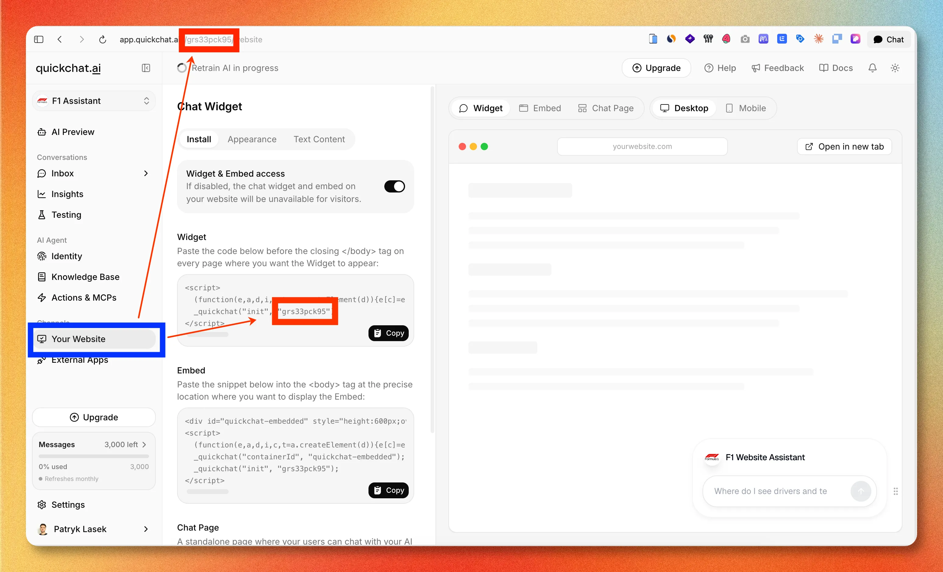 Quickchat AI Your Website install page highlighting where the Scenario ID appears in the URL and widget code