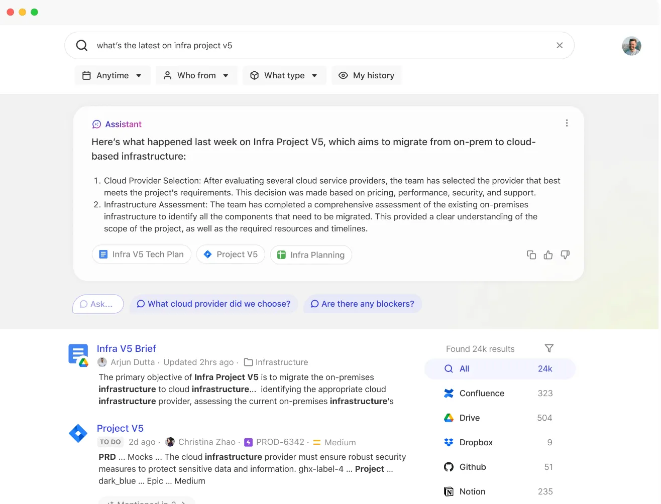 Glean's interface with a search bar and example results