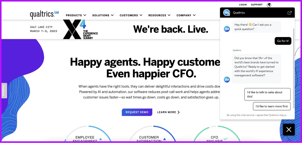 Drift's chatbot embedded on Qualtrics' website