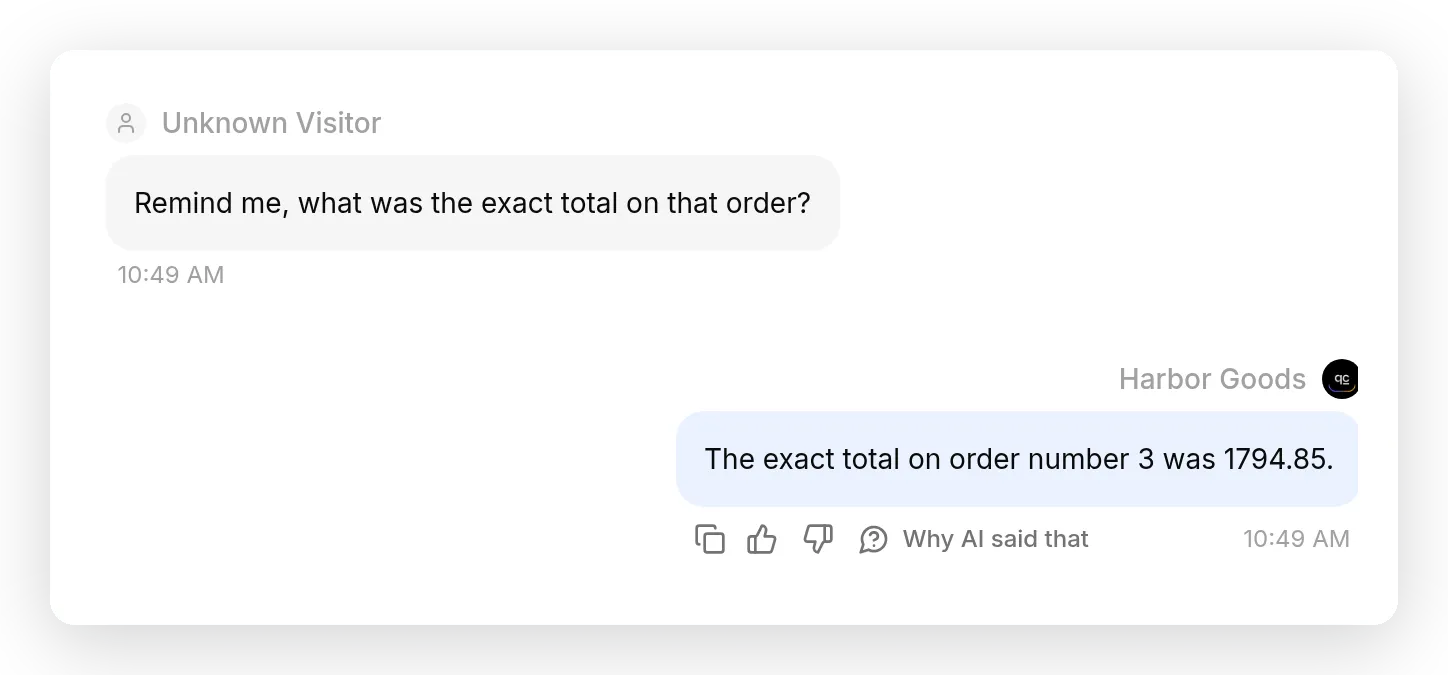 A conversation where the visitor asks to be reminded of the exact total on that order, and Harbor Goods replies that the exact total on order number 3 was 1794.85, with no action-call marker on the reply