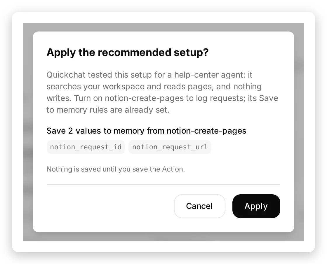 The Apply the recommended setup dialog: a summary of the tested setup, the two values it saves to memory from notion-create-pages, and Cancel and Apply buttons