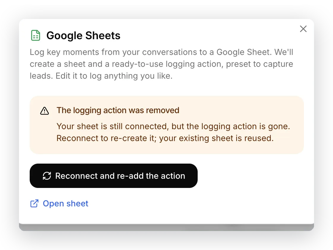 The connect dialog after the logging action was deleted, offering to reconnect and re-add the action