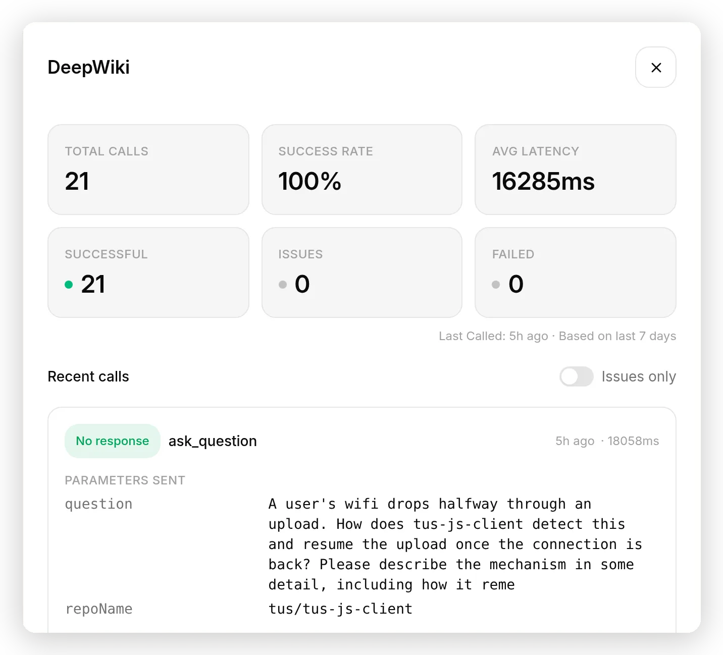 The per-action Request log: call stats and each recent call's parameters and response