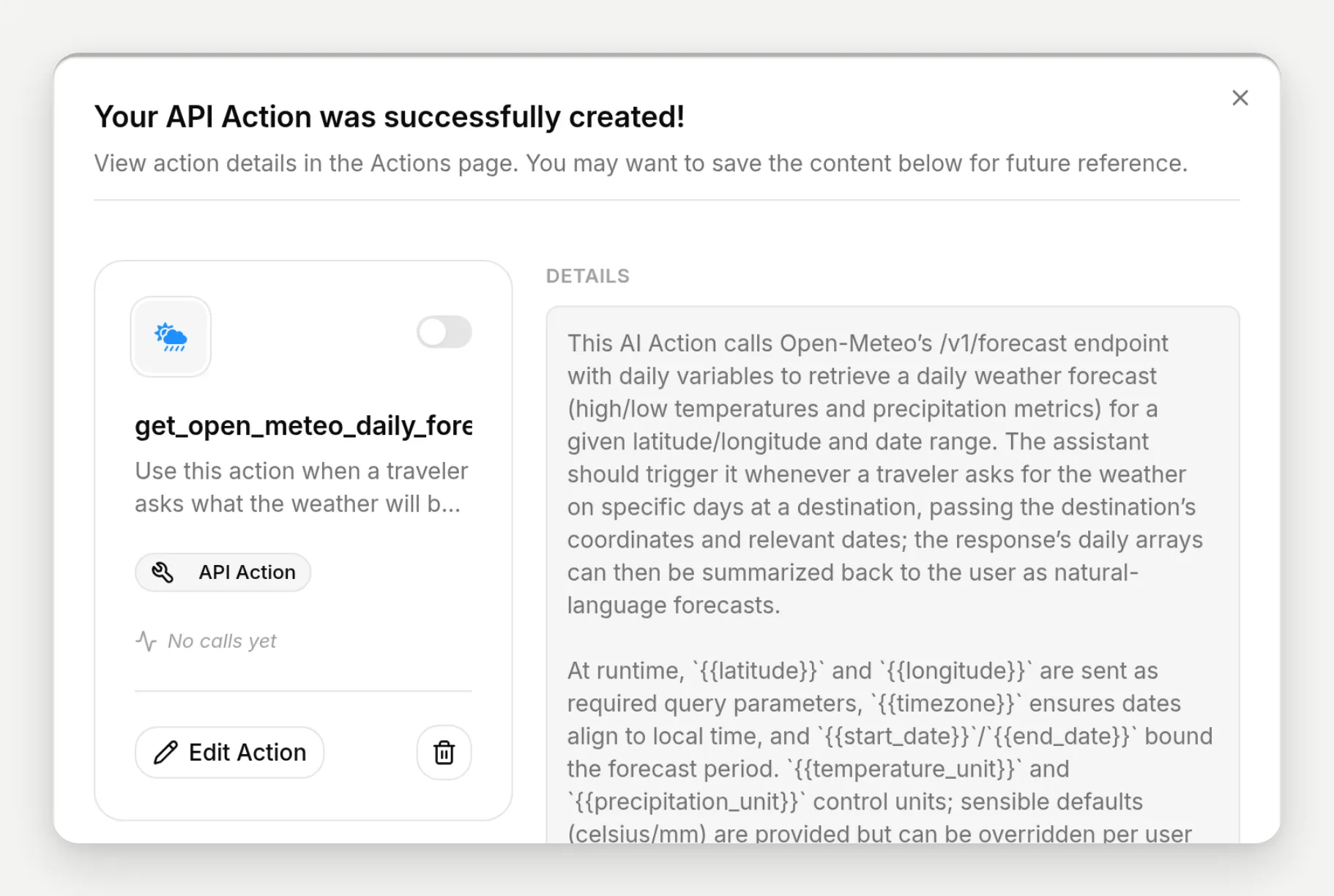 The result dialog for the weather action with the preview card and the Details explanation