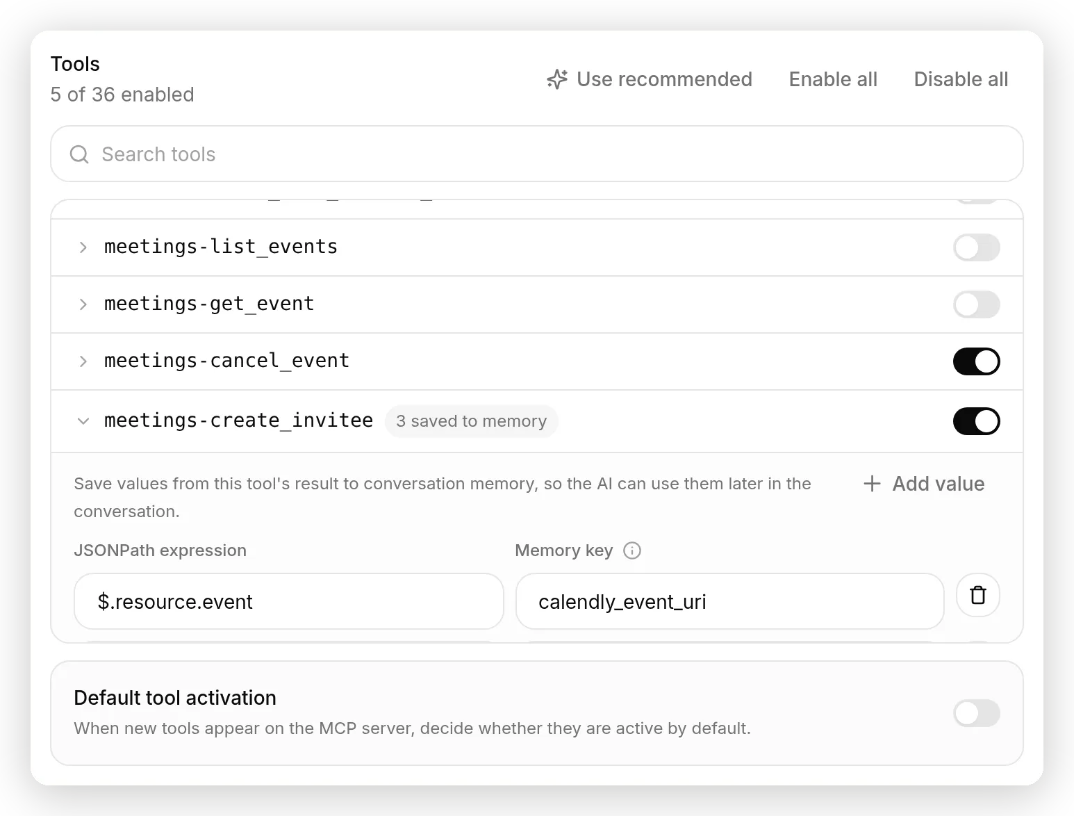 The per-tool Save to memory editor on Calendly's booking tool, with three capture rules prefilled