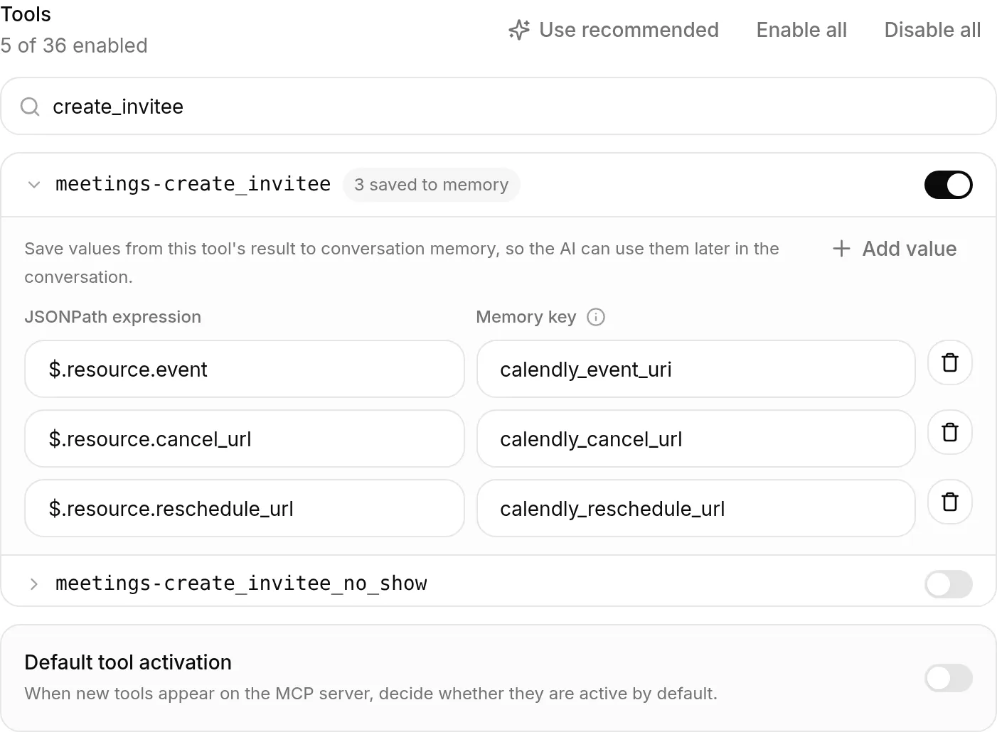 The meetings-create_invitee tool expanded, showing three saved values: resource.event to calendly_event_uri, resource.cancel_url to calendly_cancel_url, and resource.reschedule_url to calendly_reschedule_url