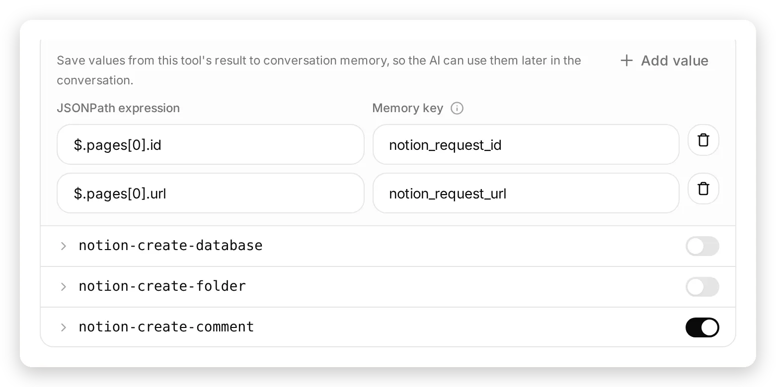 The Save to memory rules on notion-create-pages: JSONPath $.pages[0].id to memory key notion_request_id and $.pages[0].url to notion_request_url, with notion-create-comment switched on below