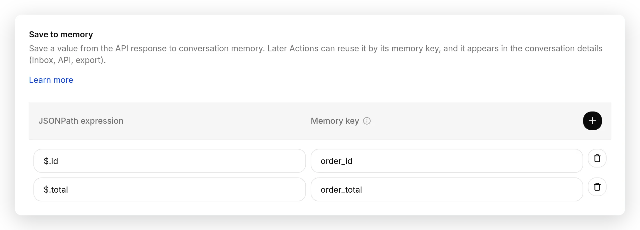 The Save to memory section of the look_up_order action, with two rows: the JSONPath $.id saved as order_id, and $.total saved as order_total