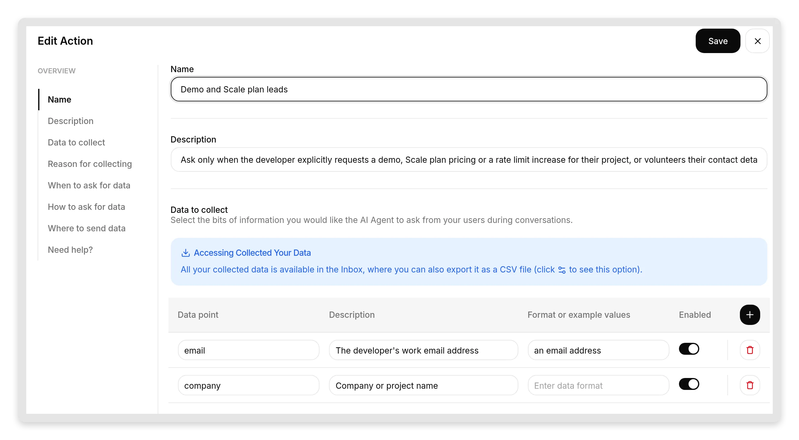 The Smart Data Gathering campaign editor named "Demo and Scale plan leads", with a data-to-collect table listing email and company, and a description that scopes it to explicit demo or pricing requests