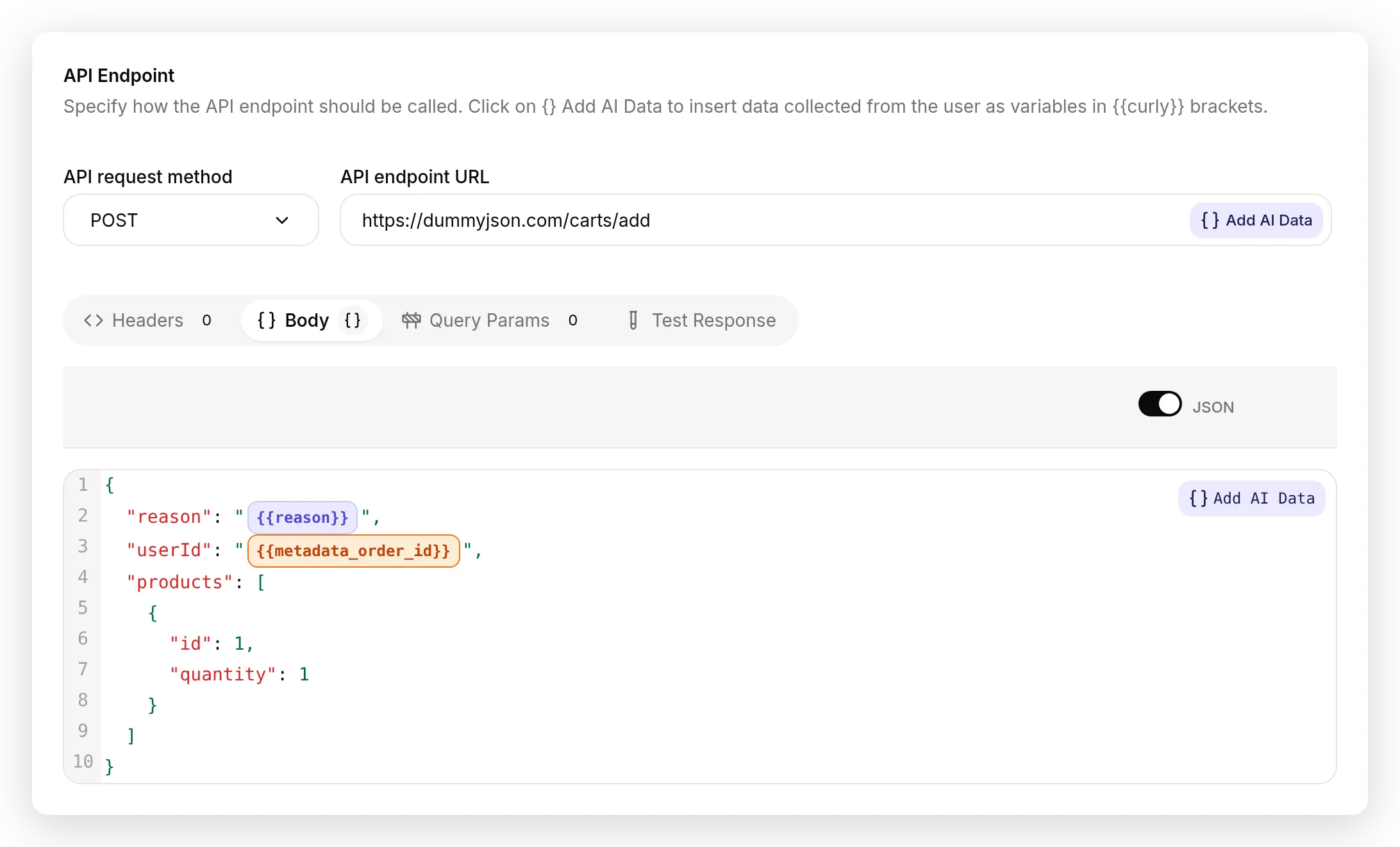 The create_return action's Body tab, showing a JSON body where userId is set to the orange metadata_order_id chip and reason to the purple reason parameter chip