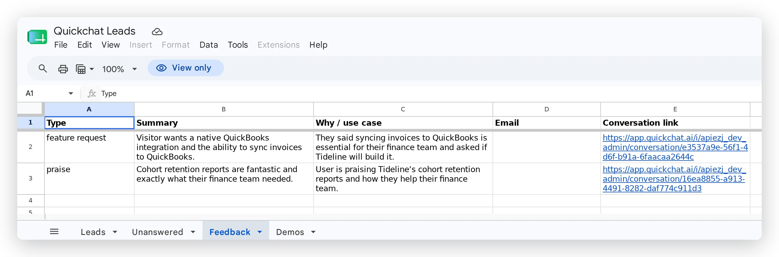 The QuickBooks feature request captured in the Feedback tab