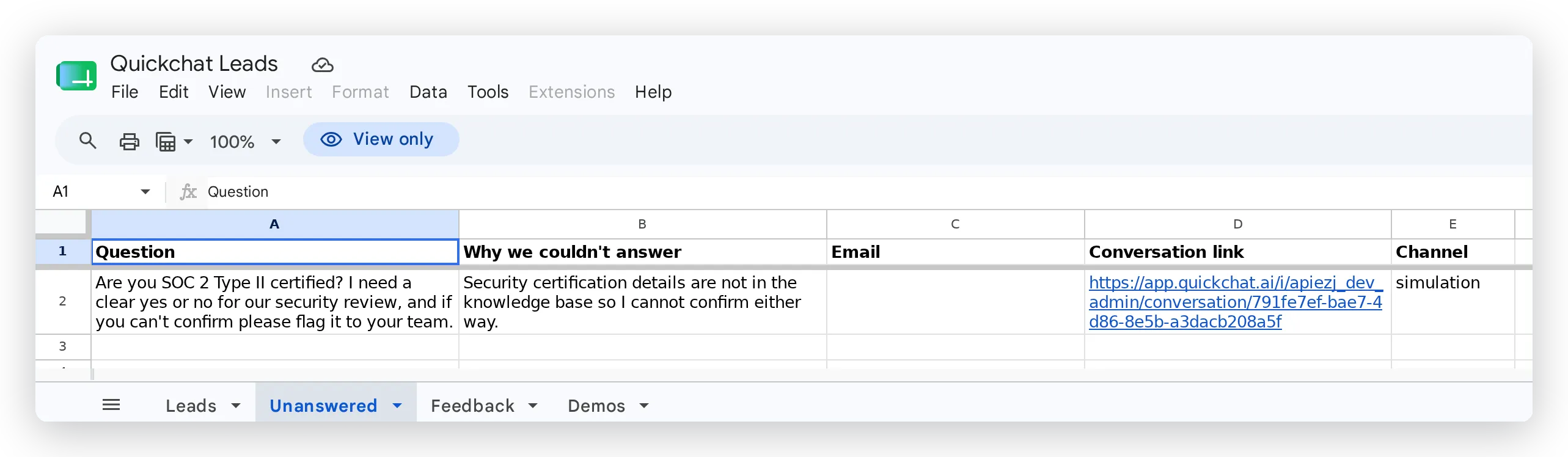 The unanswered SOC 2 question captured in the Unanswered tab