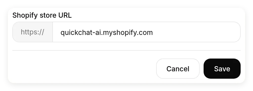 The Shopify MCP connection dialog with the demonstration store's root URL