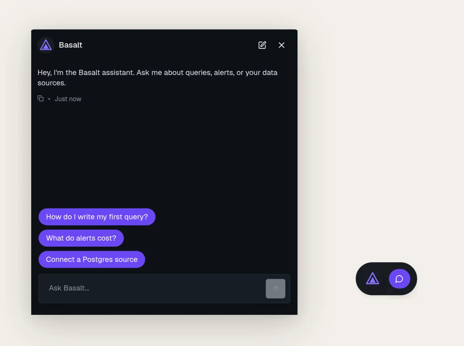 The Basalt showcase: a dark chat window with a violet triangle logo, violet conversation starter chips, sharp corners, and a matching dark icon-only launcher pill