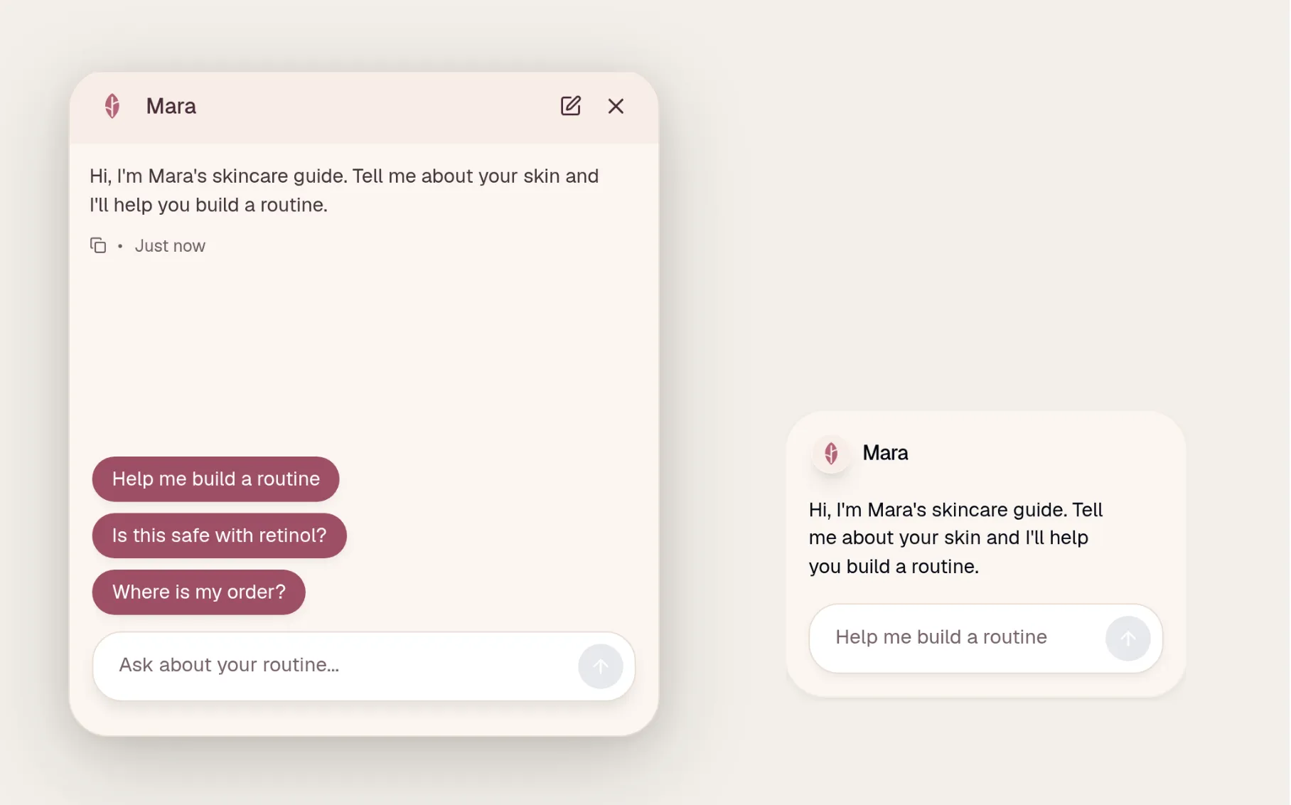 The Mara showcase: a cream and blush chat window with a leaf logo, rosewood pill-shaped starter chips, large text, and the Classic launcher card with the welcome message