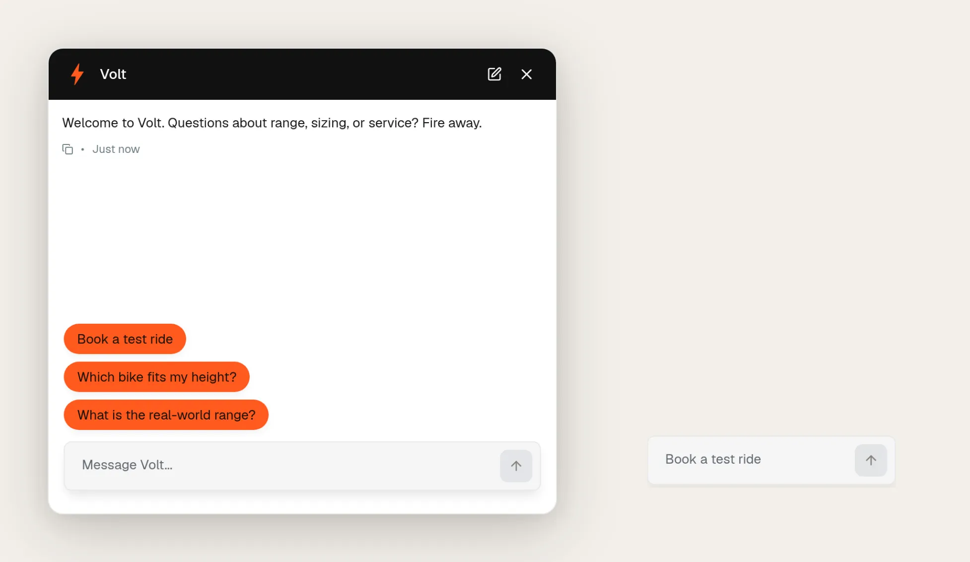 The Volt showcase: a white chat window with a black header, an orange lightning-bolt logo, orange starter chips with dark text, and the Input Only floating message bar as the launcher