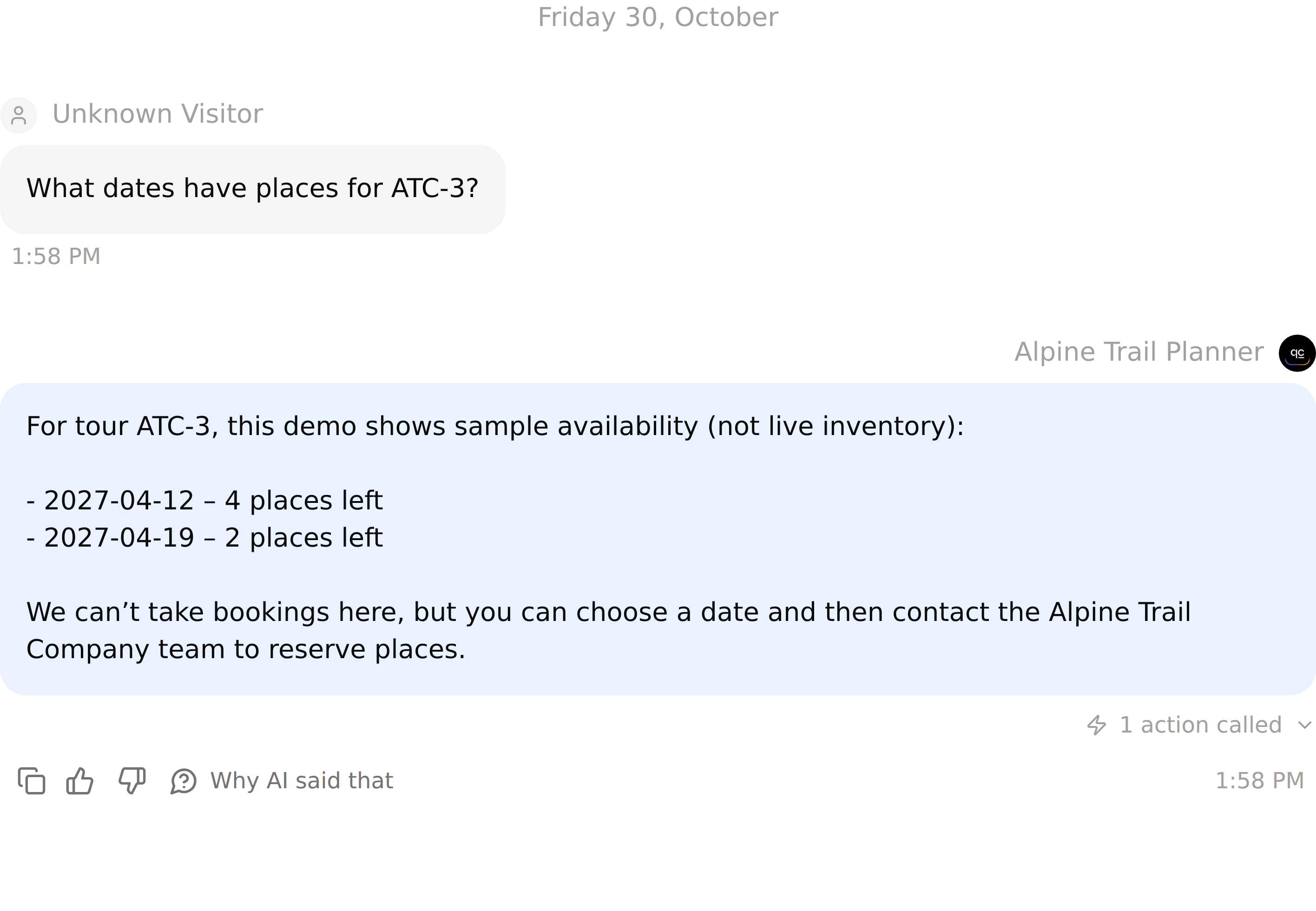 The Agent returns the two sample ATC-3 departure dates and remaining places after checking availability