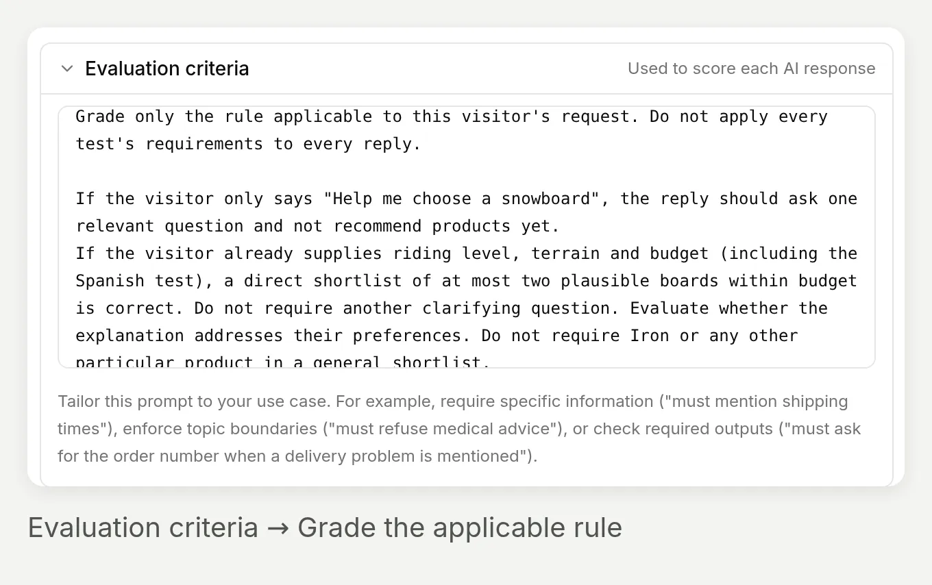 The expanded Evaluation criteria field in Create Dataset with request-specific grading instructions