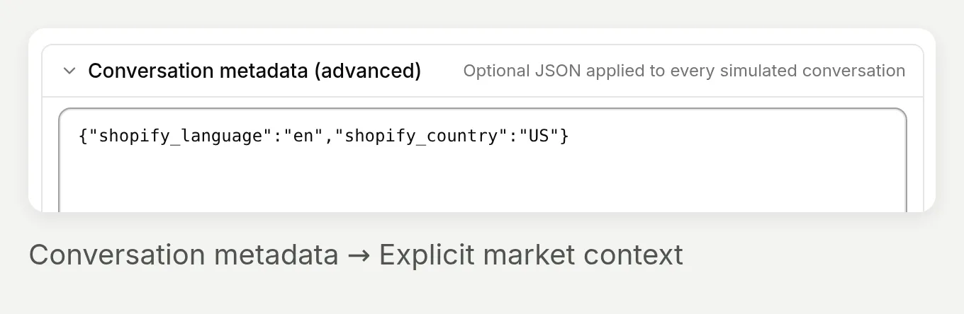 Conversation metadata containing the shopify_language and shopify_country fields for the US catalog context