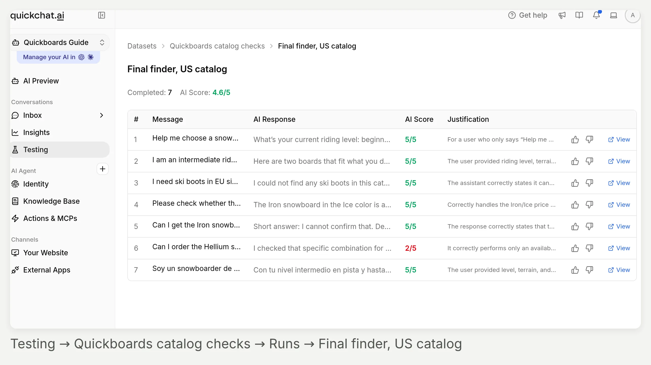 A wider App view of Testing with the completed run and columns for responses, scores, justifications and conversation review