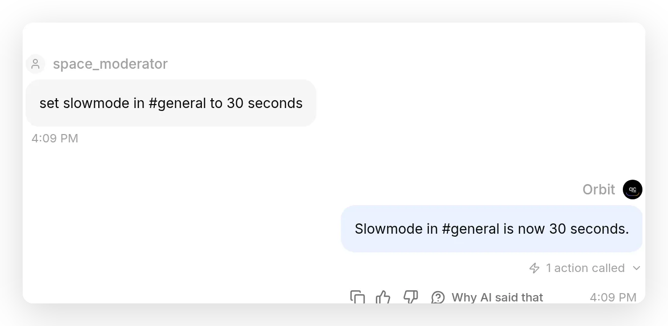 Orbit setting slowmode on #general from a plain-language command