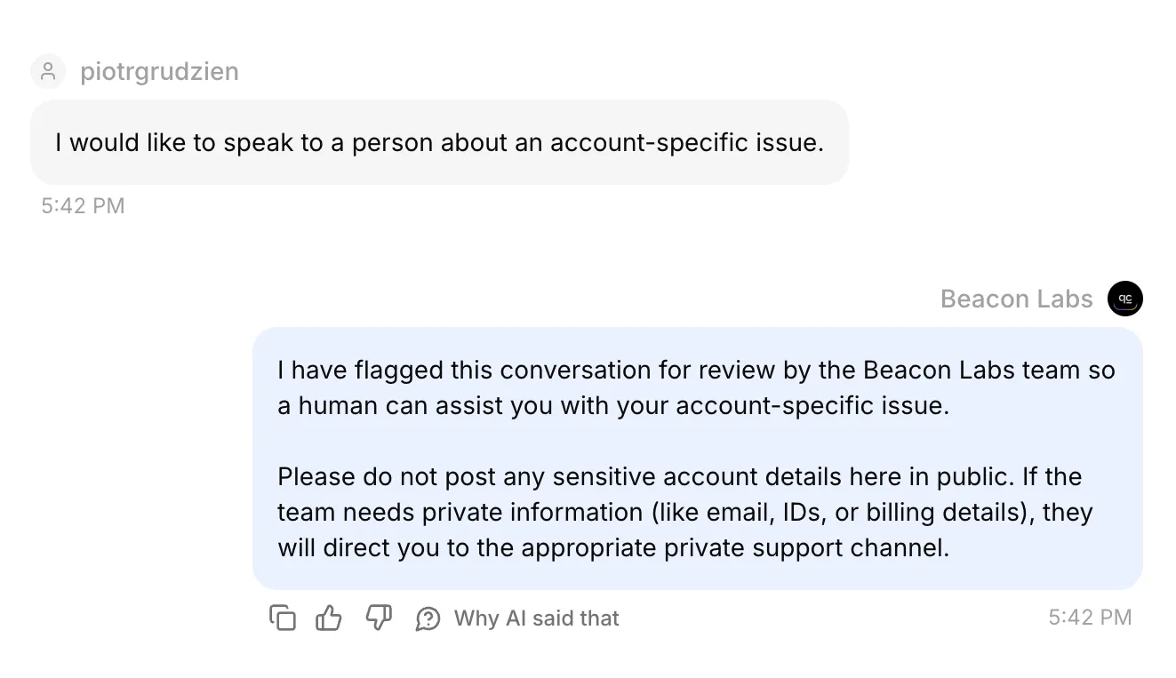 Inbox showing the Discord request for a person and Beacon Labs handoff response