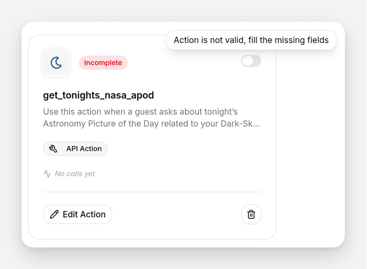 The action card with the disabled switch and the tooltip saying the action is not valid, fill the missing fields