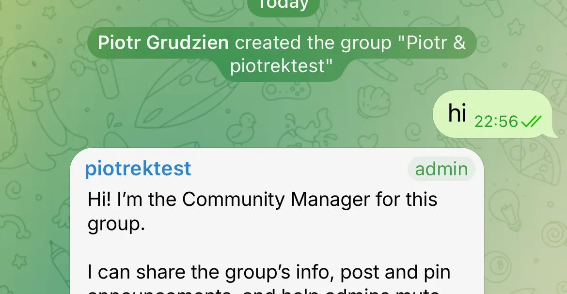 A Telegram group on mobile showing the bot, piotrektest, posting as an admin
