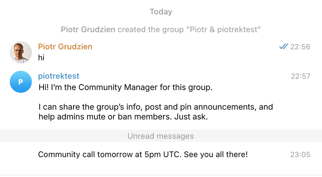 The Telegram group showing the bot post the announcement, Community call tomorrow at 5pm UTC, See you all there