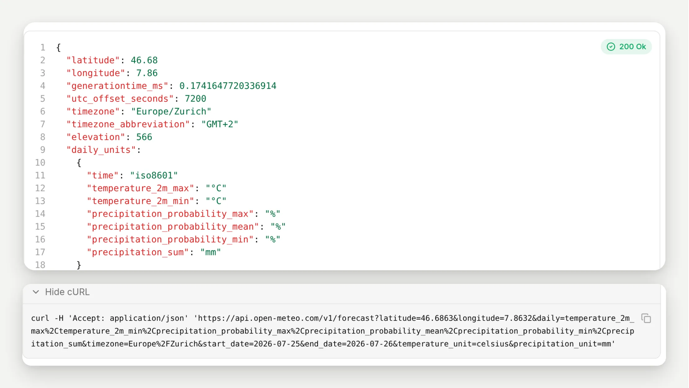 The Test Response tab after a run: the JSON response with a 200 Ok badge, and the expanded cURL block showing the fully substituted request