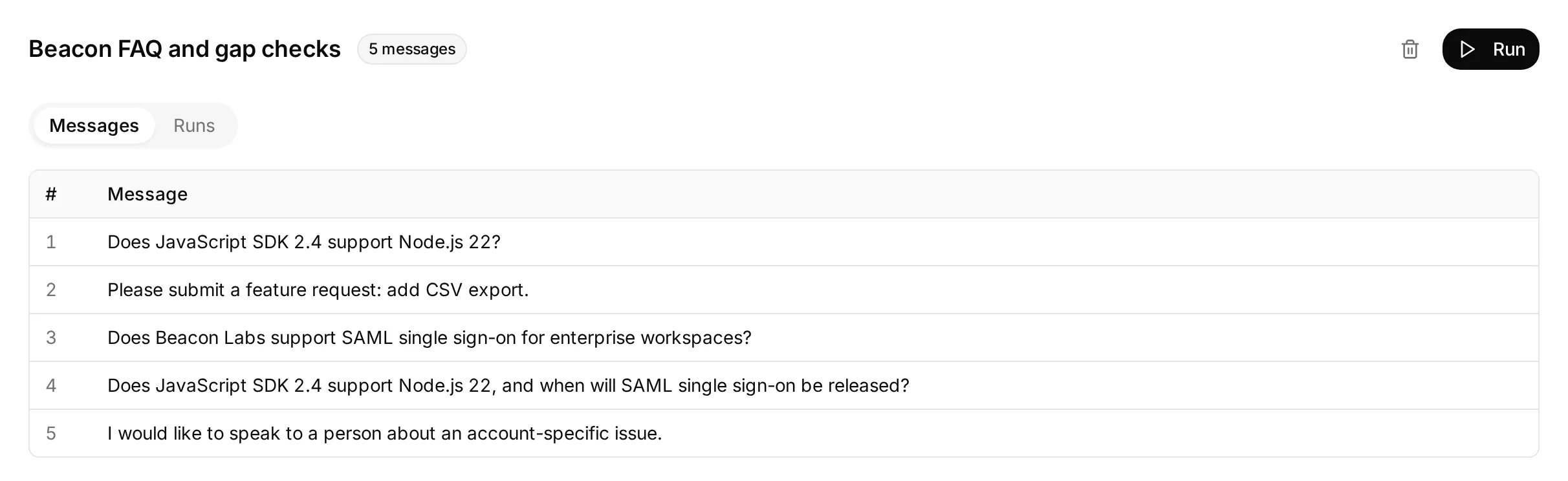 Simulation Testing dataset containing the five Beacon FAQ and gap questions, the Messages and Runs tabs, and the Run button