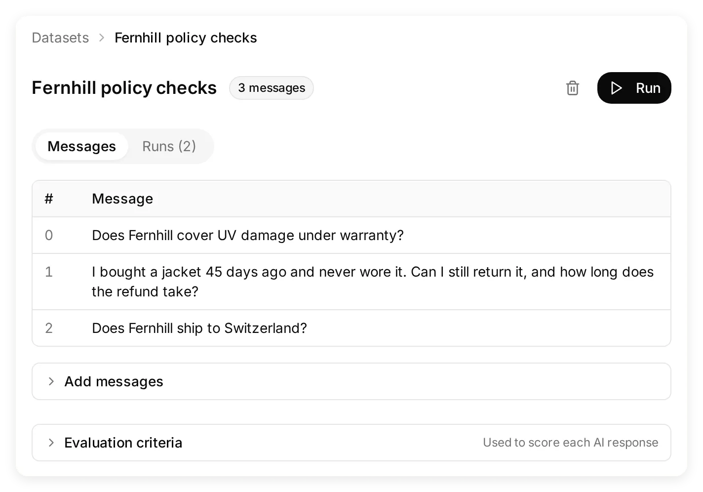 Fernhill policy checks dataset showing the three separate test messages in Quickchat AI