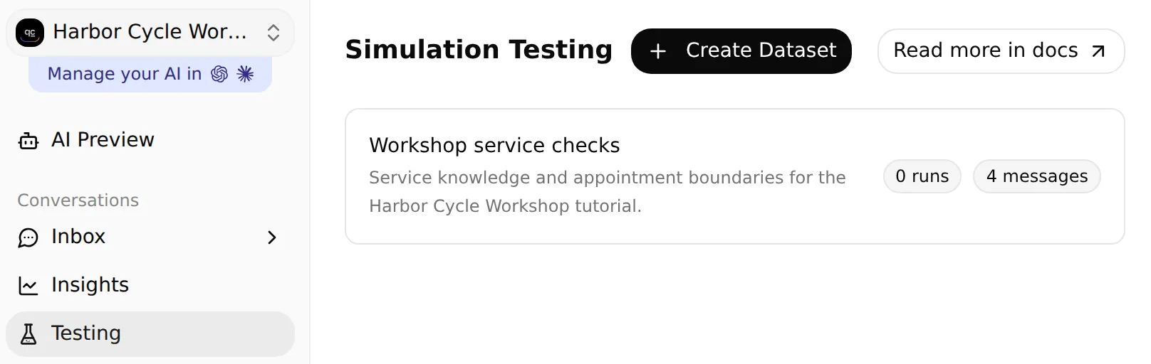 The local Quickchat AI sidebar and Simulation Testing page show where to create or open the workshop dataset