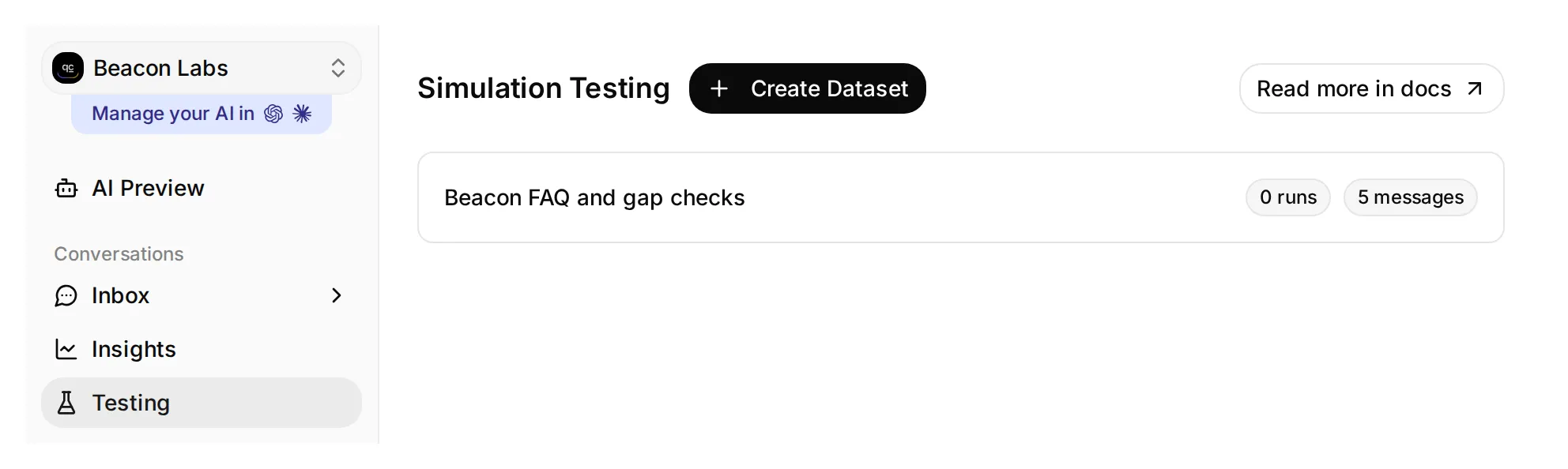 Quickchat AI sidebar with Testing selected and the Simulation Testing page showing Create Dataset and the five-message Beacon dataset