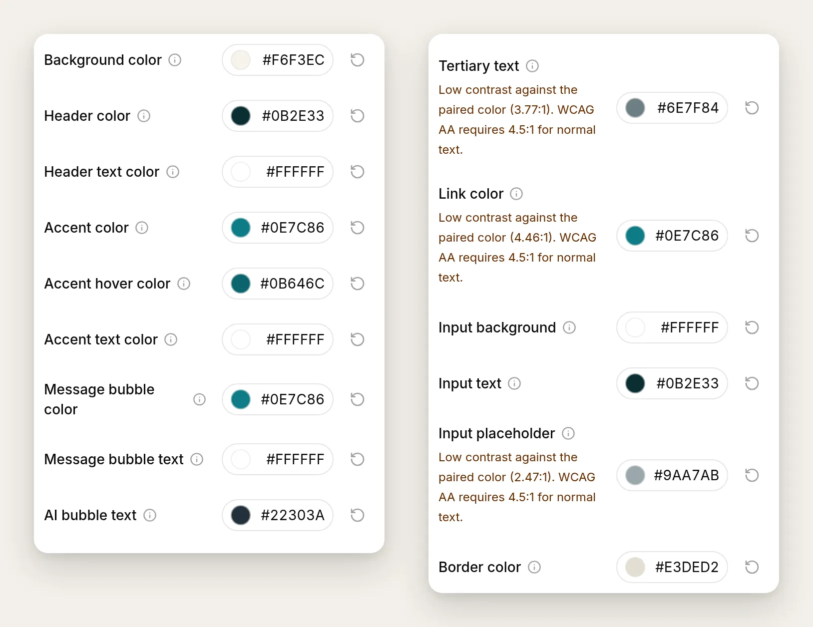 The custom Theme editor showing Brightwater's brand colors, with contrast warnings on the Tertiary text, Link, and Input placeholder rows reading "Low contrast against the paired color. WCAG AA requires 4.5:1 for normal text"